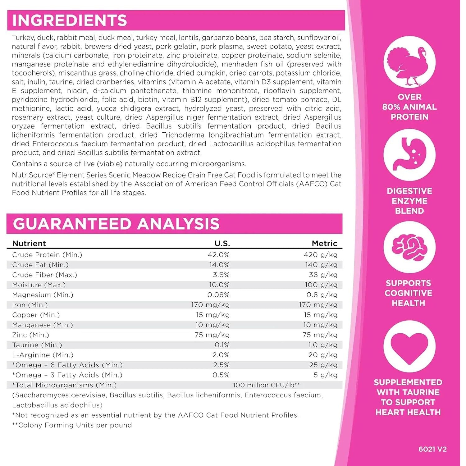 NutriSource Element Series Scenic Meadow Grain Free Dry Cat Food label features ingredients, nutrition info, and highlights high protein, gut health, and heart support benefits with icons for your cats well-being.