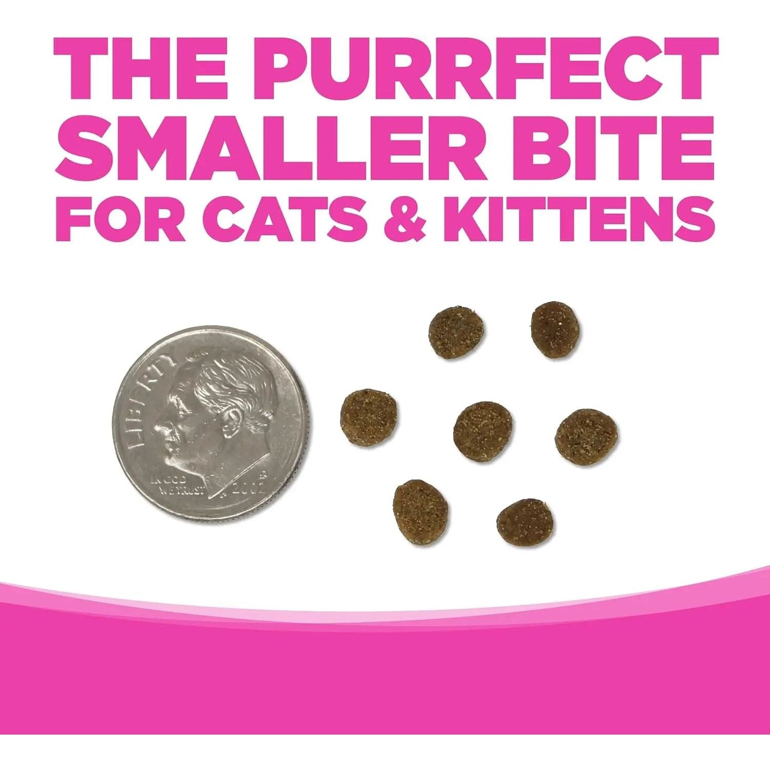 A U.S. dime sits beside seven small pieces of NutriSource Element Series Scenic Meadow Grain Free Dry Cat Food—THE PURRFECT SMALLER BITE FOR CATS & KITTENS in bold pink—ideal for gut health-focused, grain free cat food needs.