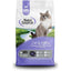 A bag of NutriSource Grain Free Chicken & Salmon Select Cat & Kitten Dry Cat Food, showing a gray and white blue-eyed cat by a river and grass, highlights digestive health benefits and high protein content.