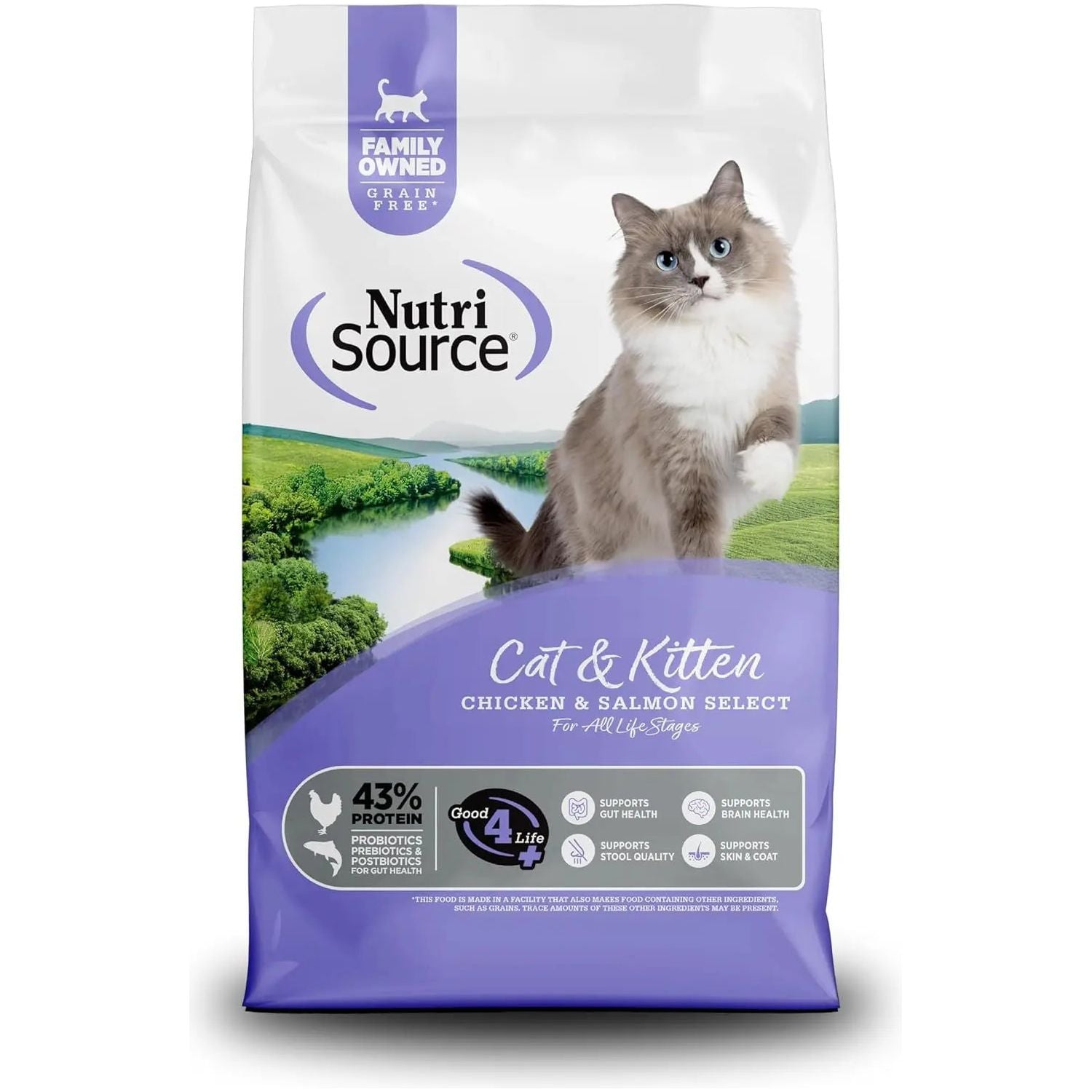 A bag of NutriSource Grain Free Chicken & Salmon Select Cat & Kitten Dry Cat Food, showing a gray and white blue-eyed cat by a river and grass, highlights digestive health benefits and high protein content.