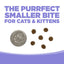 A U.S. dime is shown beside five pieces of NutriSource Grain Free Chicken & Salmon Select Cat & Kitten Dry Cat Food kibble on a white background, with bold text above: THE PURRFECT SMALLER BITE FOR CATS & KITTENS.