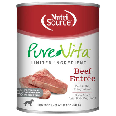 A can of NutriSource PureVita LID Pate Grain Free Wet Dog Food. The label features beef steaks, highlights beef as the #1 ingredient, includes added postbiotics, and promotes a wholesome grain-free recipe.