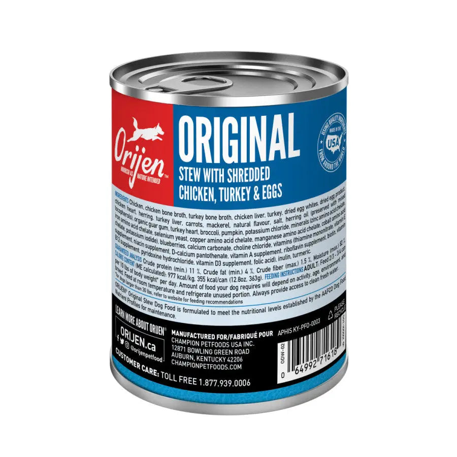 A can of ORIJEN Real Meat Shreds Chicken, Turkey & Eggs Recipe Stew Grain-Free Wet Dog Food (12.8 oz) features a protein-rich recipe, detailed ingredients on red and blue packaging, and a silver pull-tab lid.