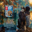 A woman sits by a dog facing a calm lake with autumn trees. In the foreground is ORIJEN Real Meat Shreds Chicken, Turkey & Eggs Grain-Free Wet Dog Food, rich in animal ingredients and WholePrey nutrition.