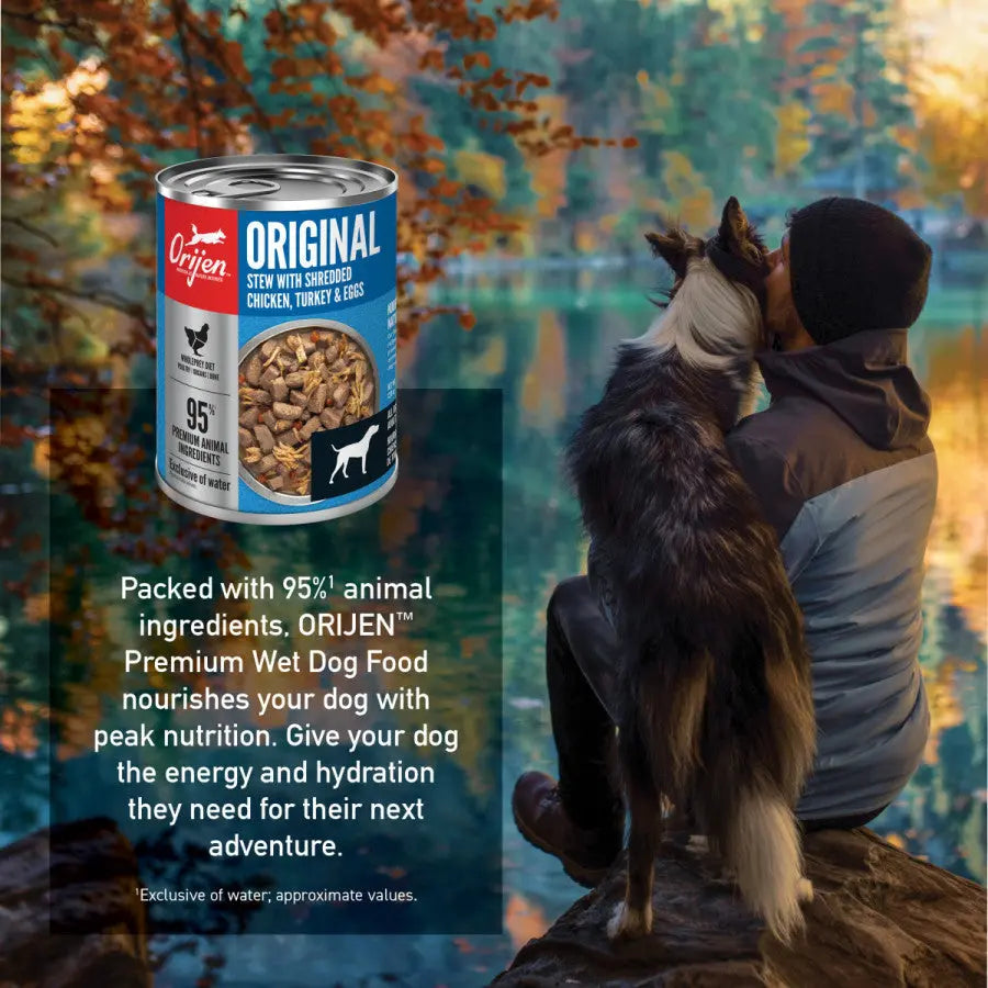 A woman sits by a dog facing a calm lake with autumn trees. In the foreground is ORIJEN Real Meat Shreds Chicken, Turkey & Eggs Grain-Free Wet Dog Food, rich in animal ingredients and WholePrey nutrition.