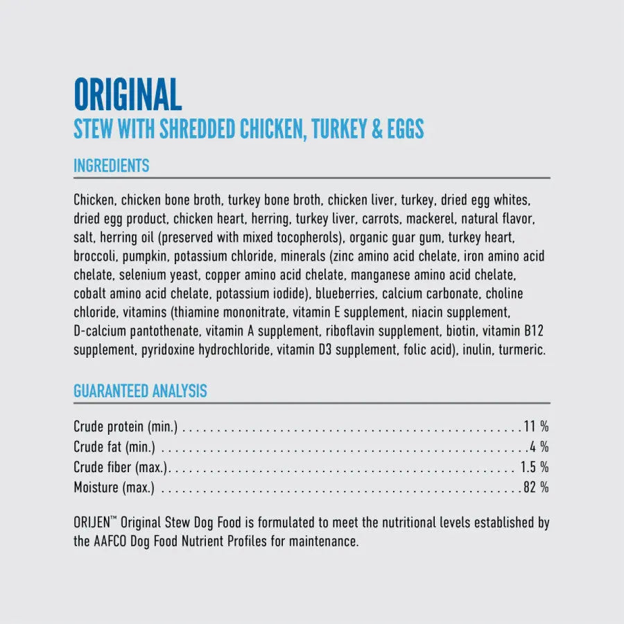 The ORIJEN Real Meat Shreds Chicken, Turkey & Eggs Recipe Stew Grain-Free Wet Dog Food label lists ingredients, nutrition facts, and guaranteed analysis inspired by the WholePrey diet.