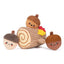 The Hugsmart Pet Oriland Pet Autumn Woofs Acorn Tree features three plush acorns and a textured plush log with a red and yellow leaf, creating an interactive dog toy for playful fun and mental stimulation.