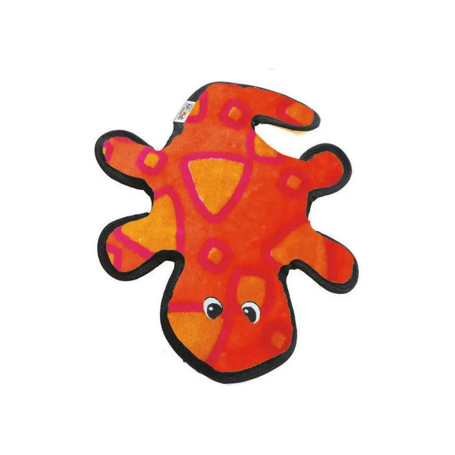 A flat, orange and red cartoon lizard-shaped Outward Hound® Invincibles Gecko 2 Squeak Dog Toy (Medium) with black outlines and large white eyes, known for its durability, set against a plain white background.
