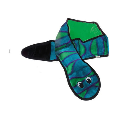 The Outward Hound® Invincibles Snakes Chews Dog Toy (Large) is a plush, snake-shaped toy with blue and green stripes, cartoon eyes, and a soft black underside—ideal for tough chewers. Displayed on a white background.