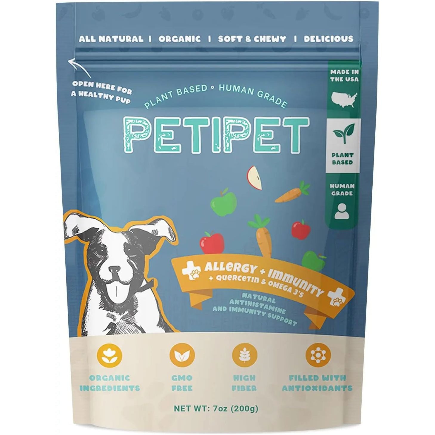 PETIPET Allergy + Immunity with Quercetin & Omega 3 Apple & Carrot Flavored Soft Chew Allergy Supplement for Dogs (7oz) offers plant-based, human-grade, organic, GMO-free allergy relief in a high-fiber, soft chew featuring a fun cartoon dog and colorful produce.