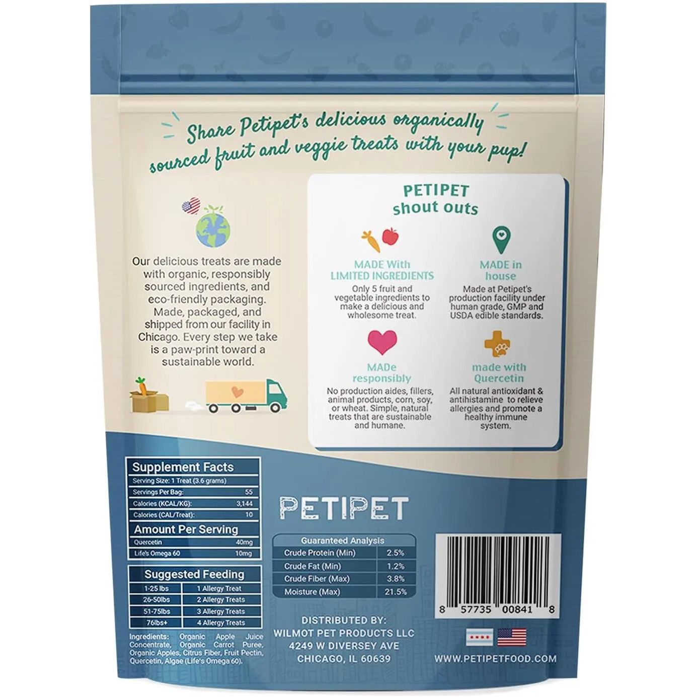 The back of a PETIPET Allergy + Immunity with Quercetin & Omega 3 Apple & Carrot Flavored Soft Chew Allergy Supplement for Dogs 7oz bag details its allergy-support formula, natural ingredients, nutritional facts, and PETIPET’s eco-friendly values.