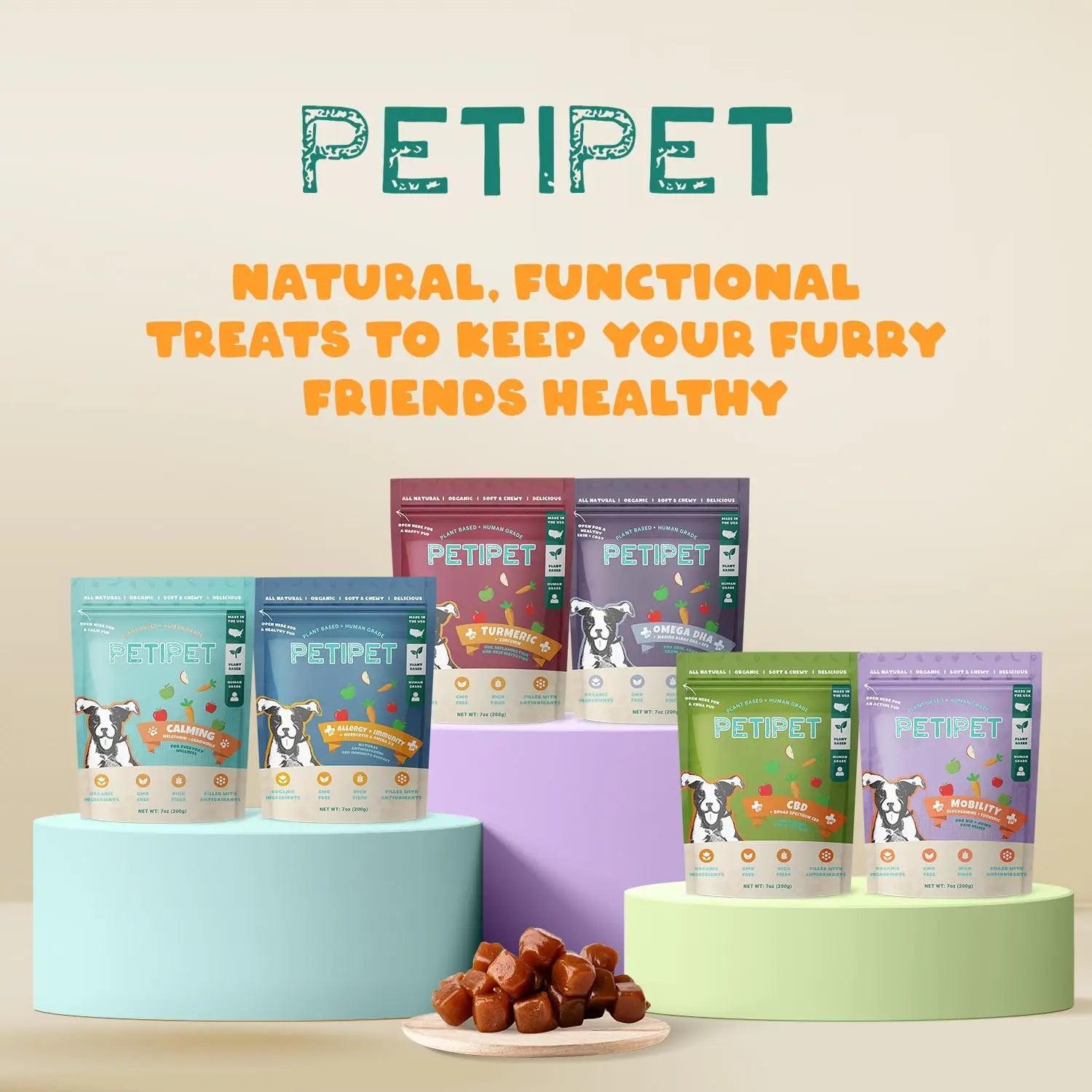 PETIPET Allergy + Immunity Soft Chews with Quercetin & Omega 3, Apple & Carrot flavor, displayed on pastel stands—NATURAL FUNCTIONAL TREATS TO SUPPORT YOUR DOG’S IMMUNE SYSTEM AND ALLERGY RELIEF. 7oz bags by PETIPET.