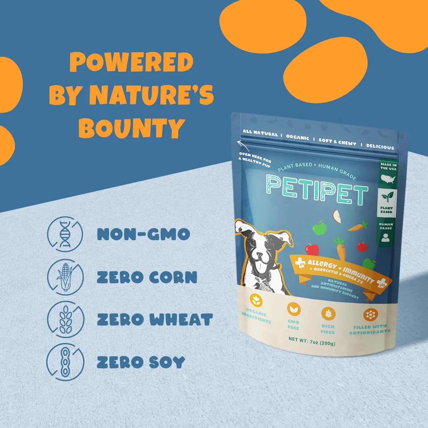 A 7oz bag of PETIPET Allergy + Immunity with Quercetin & Omega 3 Apple & Carrot Soft Chew Supplement for Dogs stands upright. Labels highlight Non-GMO, “Zero Corn,” “Zero Soy,” and allergy relief, powered by nature’s bounty.