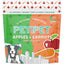 PETIPET Apples + Carrots Bites Soft & Chewy Dog Treats 5 oz feature a colorful, eco-friendly package with a dog, city skyline, apple and carrot icons, highlighting their organic, plant-based ingredients.