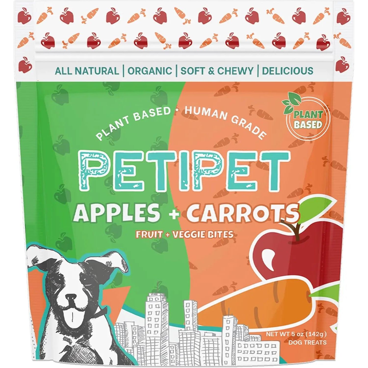 PETIPET Apples + Carrots Bites Soft & Chewy Dog Treats 5 oz feature a colorful, eco-friendly package with a dog, city skyline, apple and carrot icons, highlighting their organic, plant-based ingredients.