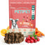 A bag of PETIPET Bladder Booster Cranberry Chews for Dogs 7oz is shown with treat squares, cranberries, carrots, an orange slice, and green leaves. The package highlights plant-based chews that support urinary and kidney health.