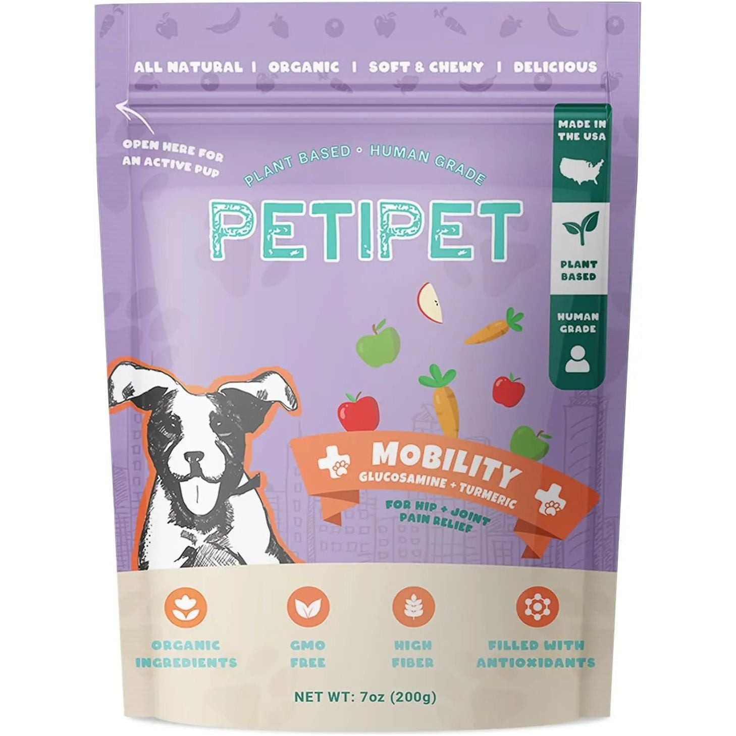 A purple 7oz bag of PETIPET Mobility Bites with Glucosamine + Turmeric features dog, apple, and carrot images, highlighting organic, plant-based ingredients that support hip and joint health to aid senior dog mobility.
