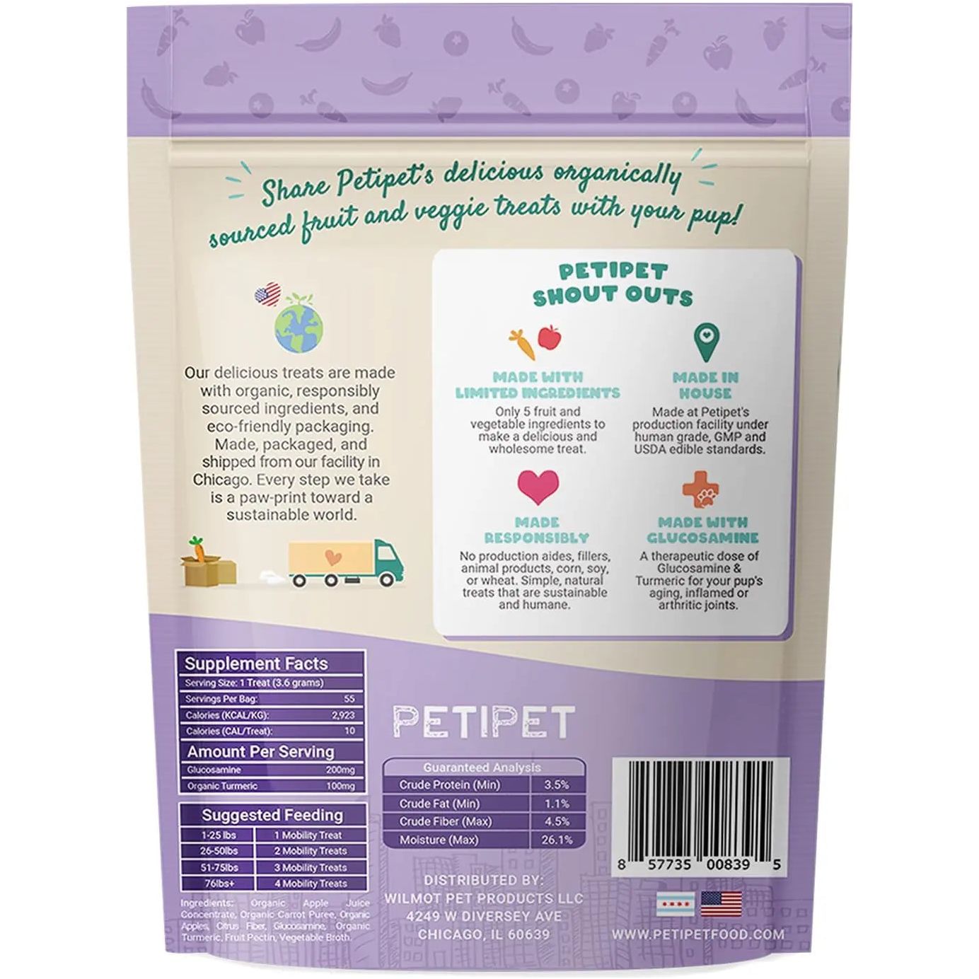 Back of a PETIPET Mobility Bites with Glucosamine + Turmeric 7oz package shows product info, benefits for senior dog mobility, supplement facts, feeding directions, and company details on a light purple background with colorful icons.