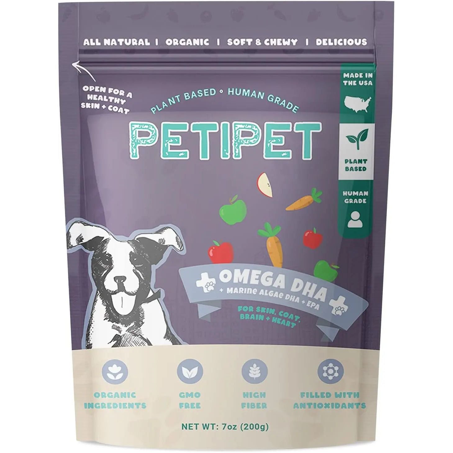 A 7oz bag of PETIPET Omega DHA Bites for dogs features apple & carrot flavor soft chews with marine algae DHA + EPA, supporting brain and heart health; made with organic, GMO-free ingredients, high fiber, and antioxidants.
