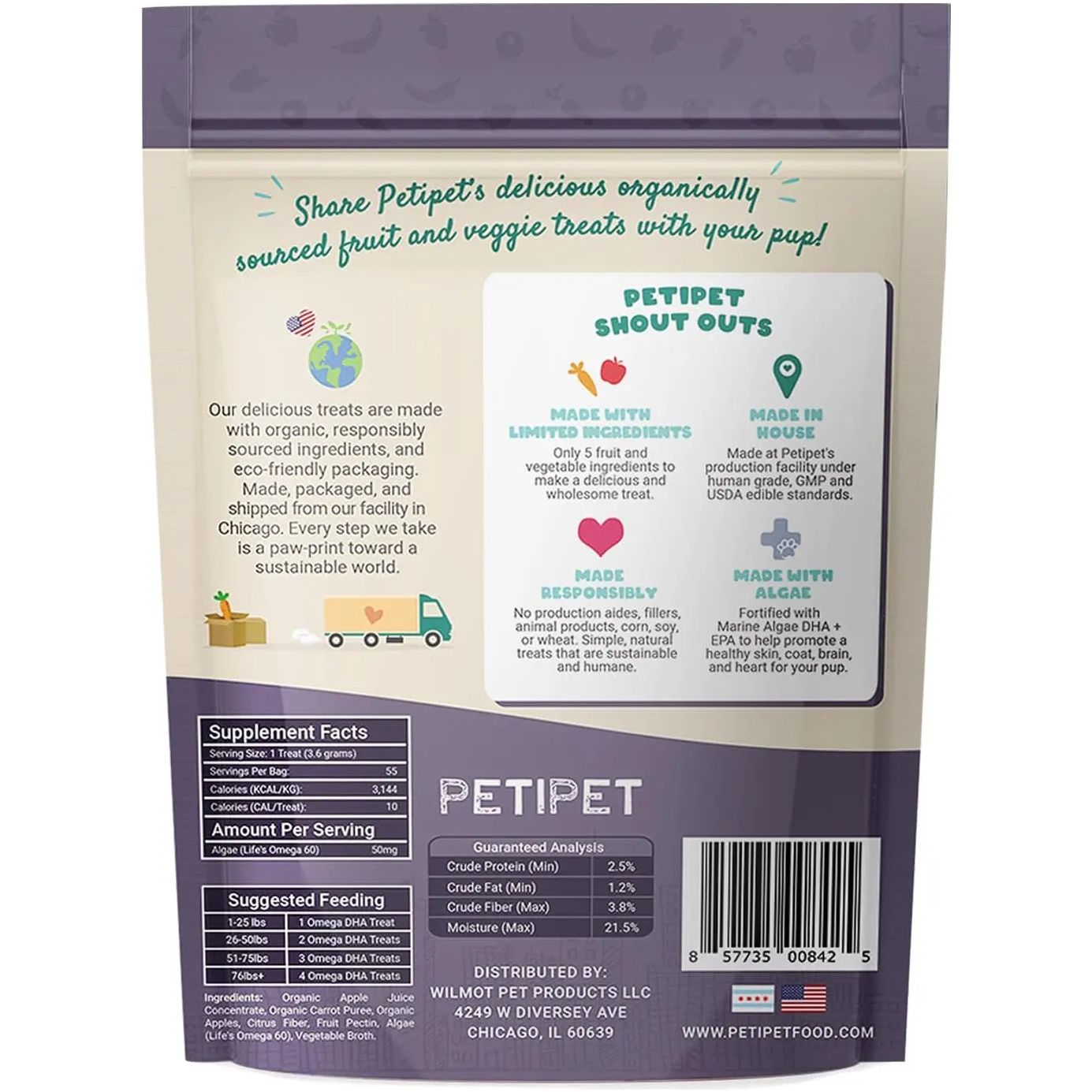 Back of PETIPET Omega DHA Bites Apple & Carrot Soft Chews (7oz) shows nutritional info, marine algae DHA+EPA ingredients, company and recycling details, plus highlights on limited ingredients and organic sourcing for dog brain & heart health.