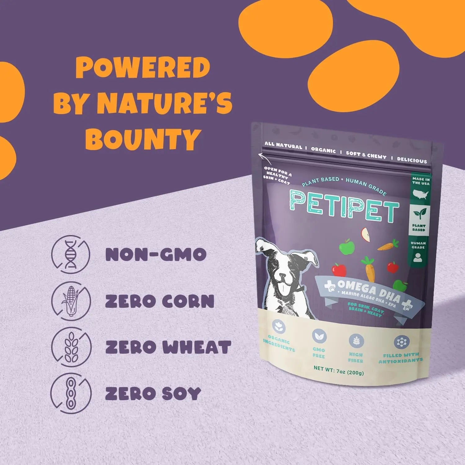 A bag of PETIPET Omega DHA Bites with Marine Algae DHA + EPA Apple & Carrot Flavored Soft Chews for dogs is on a purple surface. Text highlights Non-GMO, Zero Corn, Zero Wheat, Zero Soy, and “Powered by Nature’s Bounty.”.