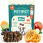 A bag of PETIPET Pill Press Dog Treats - Easy Capsule & Tablet Hider, Vegan Chews with Pumpkin & Probiotics 7oz, is shown with treats in front and fresh fruits and vegetables nearby to highlight the plant-based ingredients.