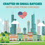 Illustration of downtown Chicago’s skyline with shops, park, and a heart-shaped US flag above. Text: “Crafted in Small Batches with Love from Chicago.” Features PETIPET Pill Press Dog Treats—vegan chews with pumpkin & probiotics.