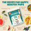 A bag of PETIPET Pill Press Dog Treats—vegan chews with pumpkin and probiotics—appears with images of plant-based ingredients like vegetable broth, blueberry puree, apple juice, and citrus fiber. Text: The Recipe for Happy, Healthy Pups.