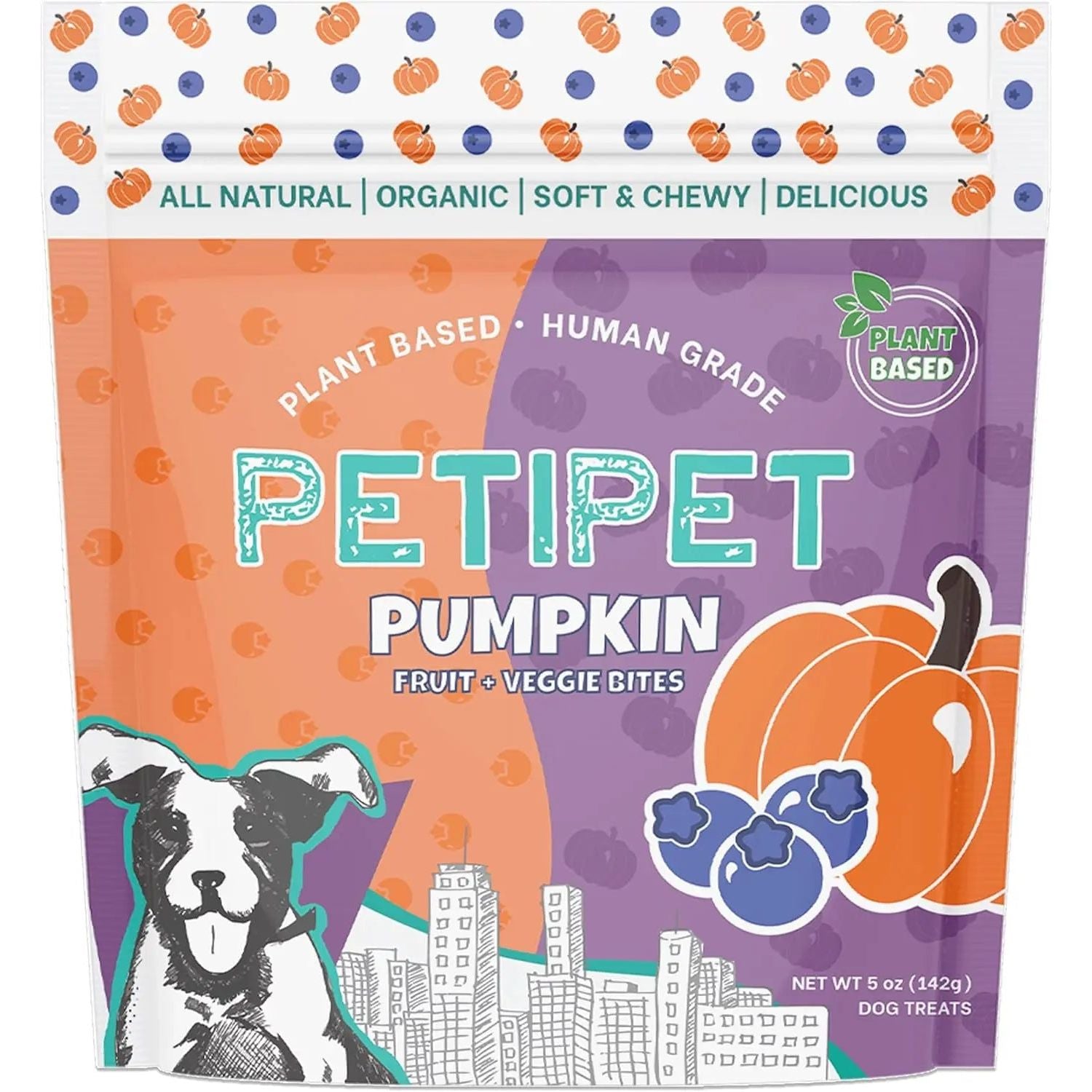 A vibrant 5oz bag of PETIPET Pumpkin Fruit + Veggie Bites, gluten-free adult soft & chewy dog treats made with human-grade, plant-based ingredients. The packaging shows a pumpkin, blueberries, and a playful dog illustration.