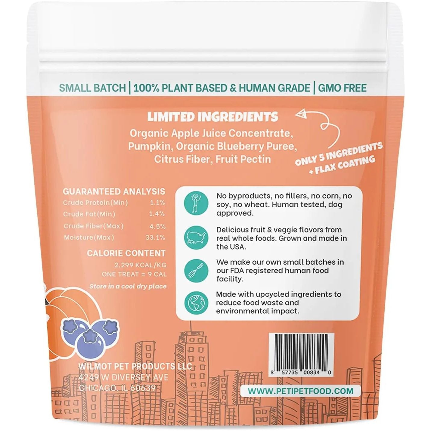 The back of PETIPET Pumpkin Fruit + Veggie Bites 5oz lists human-grade ingredients, nutrition, and calories. These vegan treats have just 5 ingredients plus flax, are plant-based, GMO-free, gluten-free, and made in the USA.