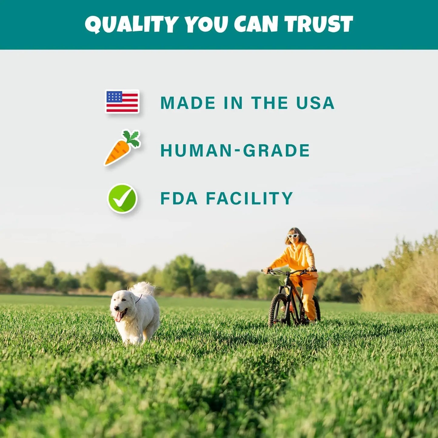A woman rides a bicycle in a grassy field while a happy white dog runs ahead. Text reads: PETIPET Pumpkin Fruit + Veggie Bites—Gluten-Free, Human-Grade, Vegan Dog Treats, Made in the USA with Premium Ingredients.