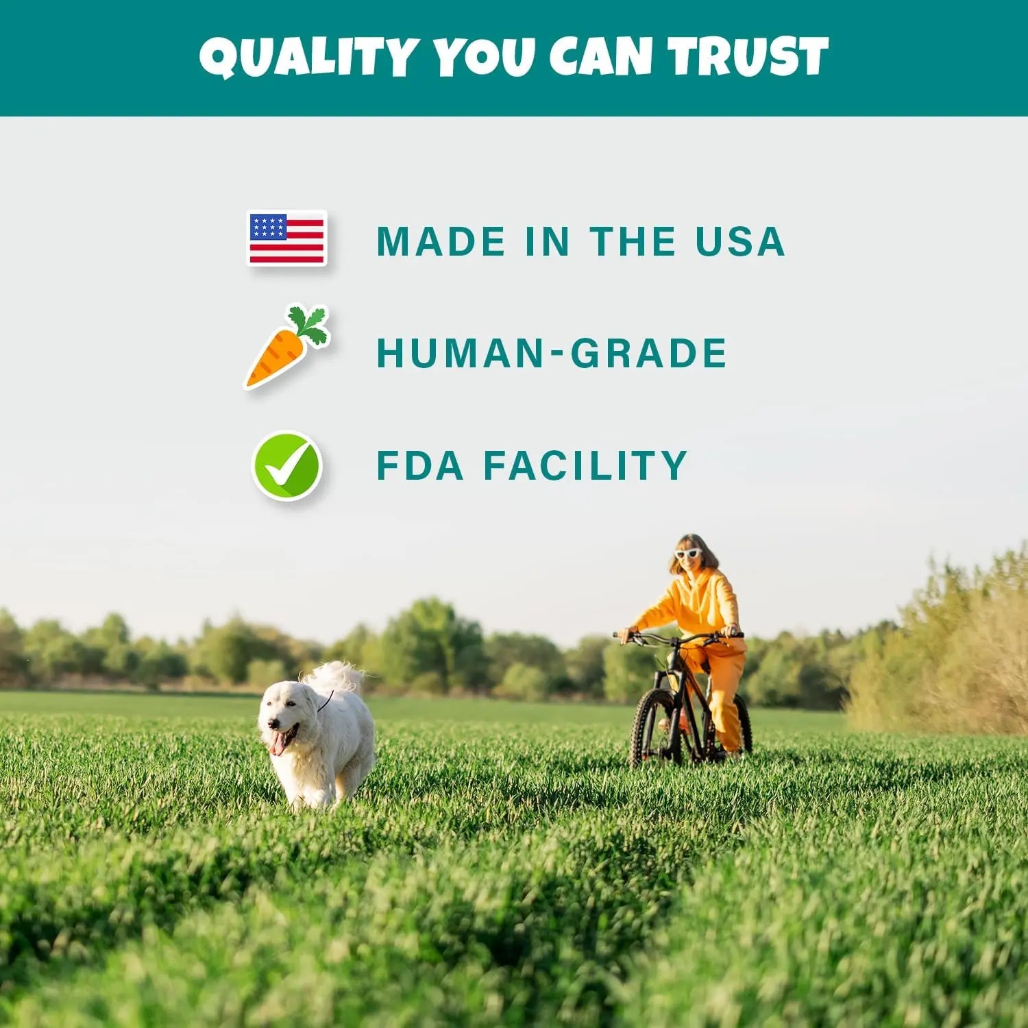 A woman rides a bicycle in a grassy field while a happy white dog runs ahead. Text reads: PETIPET Pumpkin Fruit + Veggie Bites—Gluten-Free, Human-Grade, Vegan Dog Treats, Made in the USA with Premium Ingredients.