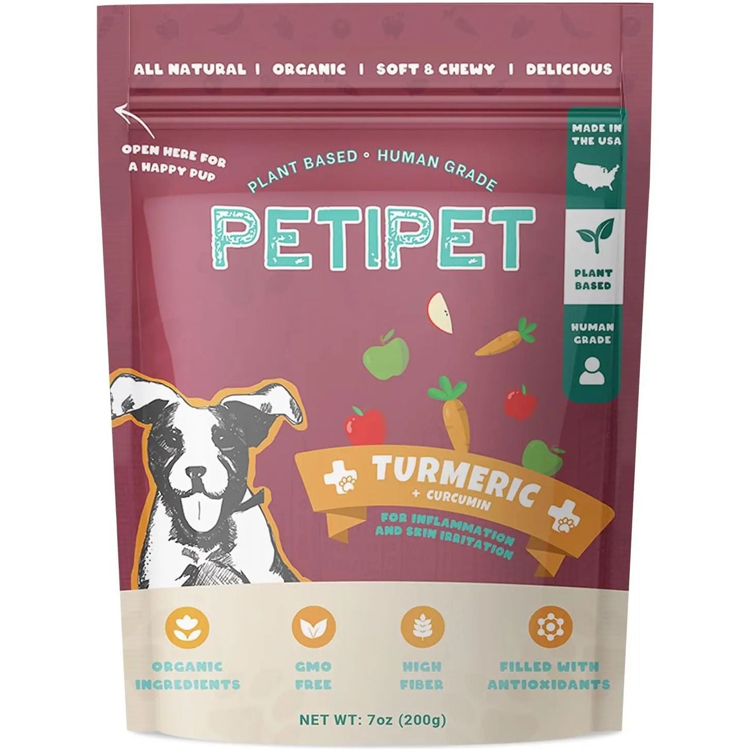 A 7oz bag of PETIPET Turmeric Bites + Curcumin Apple & Carrot Flavored Soft Chew Anti-Inflammatory Supplement for Dogs, featuring a cartoon dog, highlights organic, GMO-free, high fiber, antioxidant-rich, and plant-based ingredients.