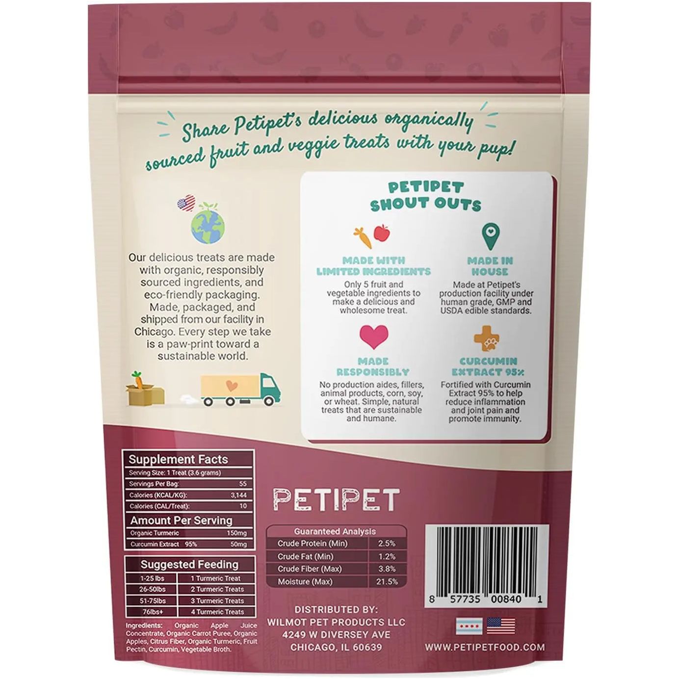 Back of a PETIPET Turmeric Bites + Curcumin Apple & Carrot Flavored Soft Chew Anti-Inflammatory Supplement for Dogs 7oz package with product info, key features, supplement facts, guaranteed analysis, contact info, and carrot/truck/house/badge illustrations.