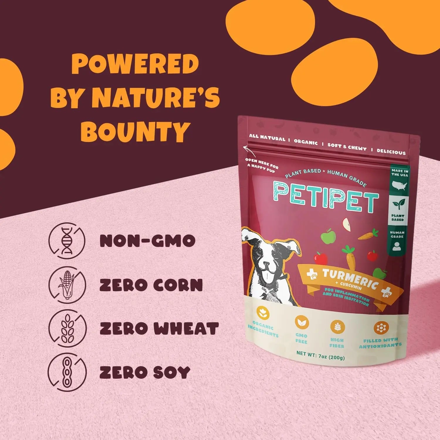 A vibrant ad for PETIPET Turmeric Bites + Curcumin Apple & Carrot Flavored Soft Chew Anti-Inflammatory Supplement for Dogs (7oz) spotlights its non-GMO, no corn/wheat/soy formula. Text: “Powered by Nature’s Bounty & Curcumin for Anti-Inflammatory Relief.”.