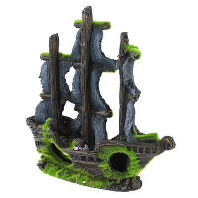 The Penn Plax Pirate Ship with Moss Aquatic Decor is an intriguing aquarium ornament modeled as a pirate shipwreck with tattered sails, green moss, weathered wooden planks, and hull holes. Its crafted from non-toxic materials and shown on a plain white background.