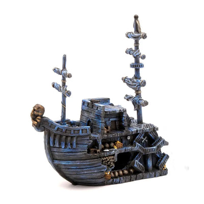 The Penn Plax Pirate Treasure Ship Bow Aquatic Decor is an intricate miniature model featuring blue and black colors, two masts, a bow skull, and a side water wheel. Made from non-toxic materials, its weathered look adds rustic charm to any aquarium setting.