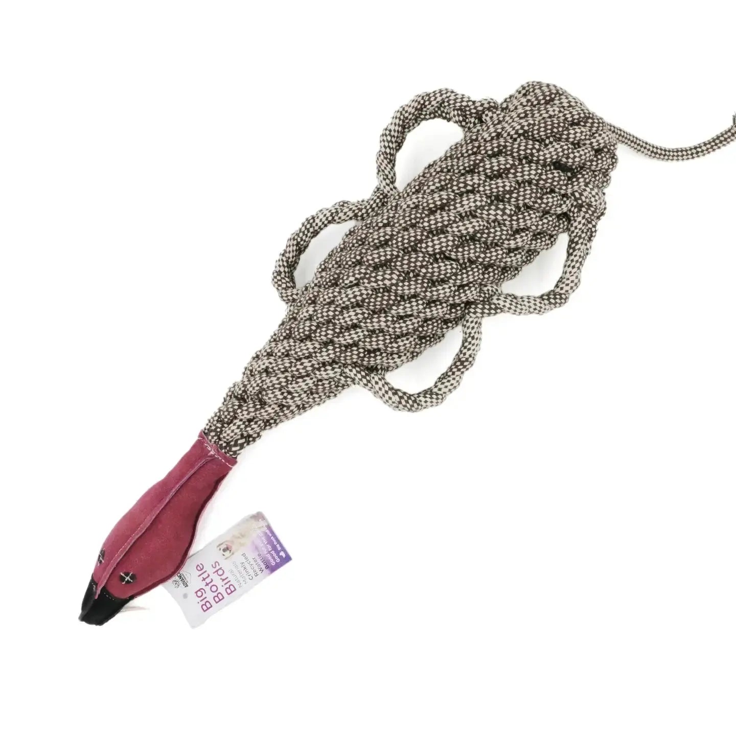 Advance Pet Products’ Pet-Safe Bird Toys for Dogs are made from recycled materials, featuring durable braided rope with loops and a pink snout—perfect for playful pups who need an eco-friendly, tough toy.