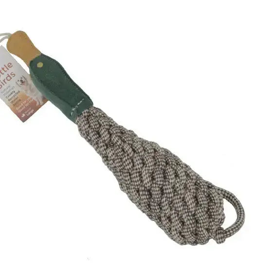 The Advance Pet Products Pet-Safe Bird Toys for Dogs Made from Recycled Materials features a braided black and white rope with a green handle, looped end, and attached product tag—eco-friendly and perfect for interactive play.