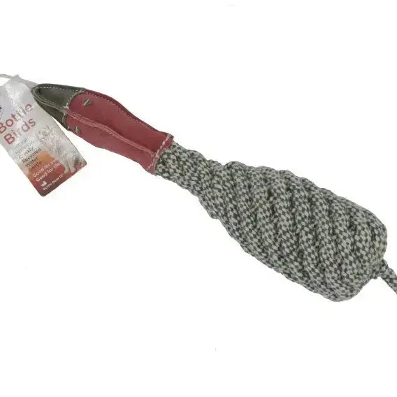 Advance Pet Products’ Pet-Safe Bird Toys for Dogs Made from Recycled Materials feature a gray and white braided, eco-friendly design with a red and brown faux leather bird head—ideal for those seeking durable dog toys.
