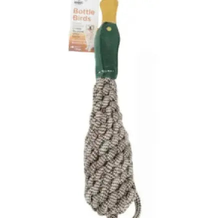 Advance Pet Products Pet-Safe Bird Toys for Dogs are made from recycled materials, featuring thick black-and-white rope strands, a yellow and green handle, and a Bottle Birds tag.