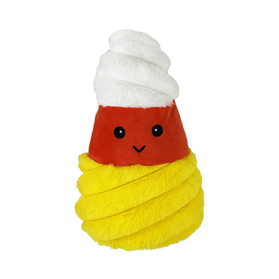 The Petlou Candy Corn Squeaky Plush Dog Toy is a plush dog toy shaped like candy corn, featuring a white top, red middle with smiling face, and yellow base. This adorable toy is by Petlou.