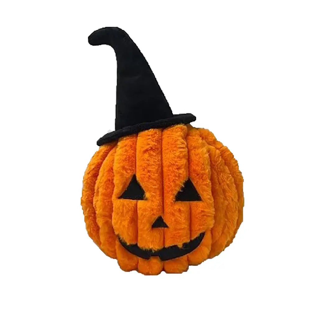 The Petlou Halloween Pumpkin Squeaky Plush Dog Toy 15 features a jack-o-lantern face and black witch hat, making it a durable and festive choice from Petlou for your dog’s Halloween fun.