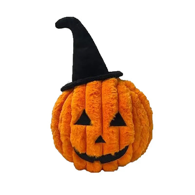 The Petlou Halloween Pumpkin Squeaky Plush Dog Toy 15 features a jack-o-lantern face and black witch hat, making it a durable and festive choice from Petlou for your dog’s Halloween fun.