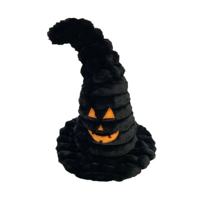 The Petlou Halloween Witch Hat Squeaky Plush Dog Toy 15 features a plush black spiral witch hat with a curled tip and an orange jack-o-lantern face, perfect for festive fun. Brand: Petlou. Plain white background.