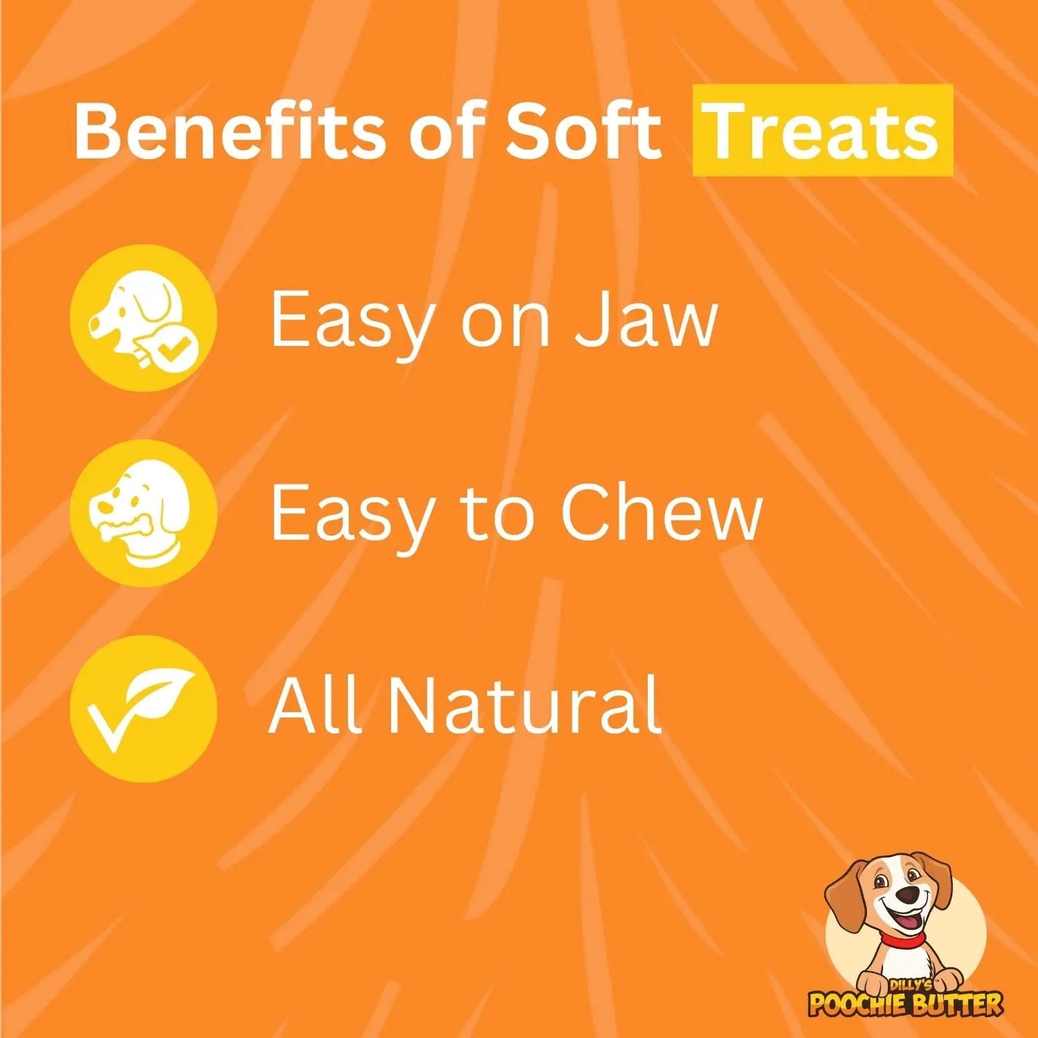 Orange graphic highlights Poochie Butter Cheezy Soft Chewy Dog Treats: all natural, easy on the jaw, and easy to chew. Features benefit icons and a cartoon dog with the Poochie Butter logo in the corner.