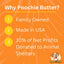 Orange graphic titled Why Poochie Butter Cheezy Soft Chewy Dog Treats? with three points: 1. Family Owned, 2. Made in USA with Premium Ingredients, 3. 10% of Net Profits Donated to Animal Shelters; cartoon dog logo at bottom right.
