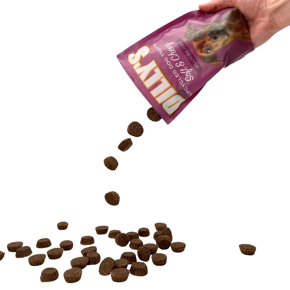 A hand pours brown treats from a purple Poochie Butter Dillys Blueberry Soft & Chewy Dog Treats bag onto a white surface, with several treats scattered around.