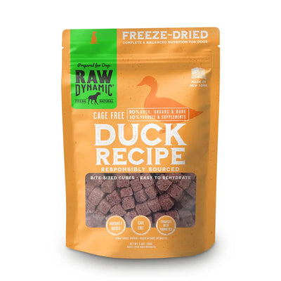 A resealable pouch of Raw Dynamic Freeze-Dried Duck Nuggets for Dogs by Raw Dynamic features bite-sized raw duck nuggets, labeled cage-free and organic, with orange and white text and a clear window displaying the product inside.