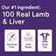 A purple graphic reads, “Our #1 ingredient: 100% Real Lamb & Liver.” Icons and text show Hormone Free, Free Range, Grass Fed—highlighting wholesome Real Meat® Lamb & Lamb Liver Jerky Dog Treats.